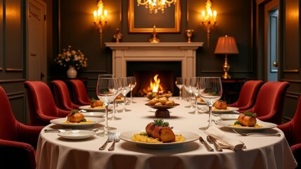 Festive dinner gathering elegant dining room food photography cozy ambiance warm firelight culinary delight experience