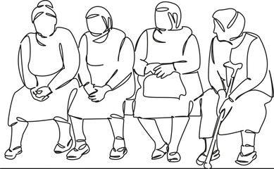 One continuous single drawing line art flat doodle four mature women sitting on a bench, talking, gossiping, spending time. Isolated image hand draw contour on a white background, hand drawn, not AI