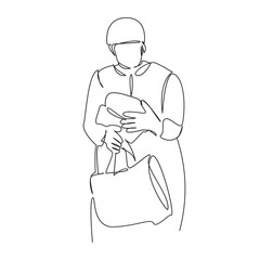 One continuous single drawing line art flat doodle old woman buys groceries, food, modesty, pension, crumbs, calculation. Isolated image hand draw contour on a white background, hand drawn, not AI