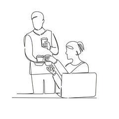 One continuous single drawing line art flat doodle people at work drinking coffee, takeaway coffee, pick-me-up drink, coffee break. Isolated image hand draw contour on a white background, hand drawn, 