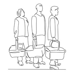 One continuous single drawing line art flat doodle people stand in line with baskets in a supermarket. Isolated image hand draw contour on a white background, hand drawn, not AI
