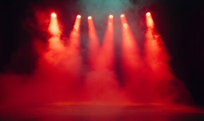  Free stage with lights and smoke, Empty stage with red spotlights, conser, show, party, Presentation concept. Red spotlight strike on black background 