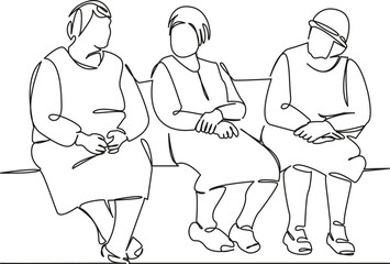 One continuous single drawing line art flat doodle three elderly ladies are sitting on a bench and talking. Isolated image hand draw contour on a white background, hand drawn, not AI