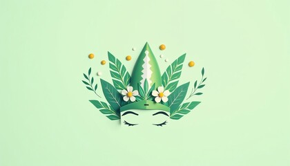 A creative carnival headdress design, festive mood, adorned with green leaves and flowers, on a soft green background for Brazilian Carnival