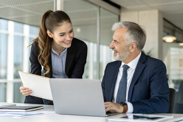 Obraz premium Team of two executives working together using laptop in office. 