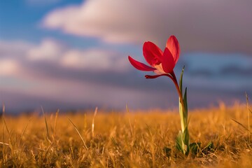 Single Red Flower in Golden Field, Sunset Sky, Nature Beauty