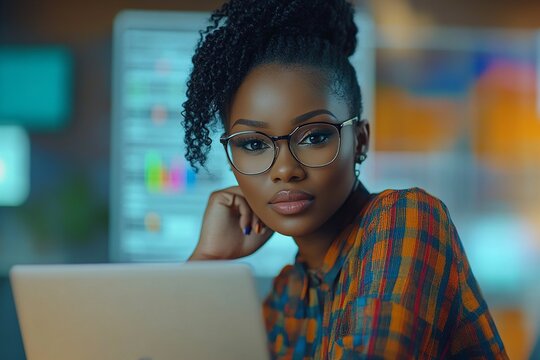 An African American woman confidently examines financial data on her laptop, surrounded by modern technology in an inspiring office setting.

