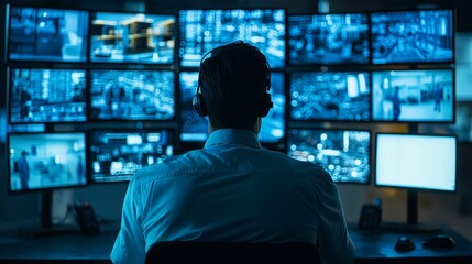 A security operator monitors multiple screens displaying citywide surveillance footage in a dimly lit control room, showcasing advanced urban monitoring technology and public safety management.