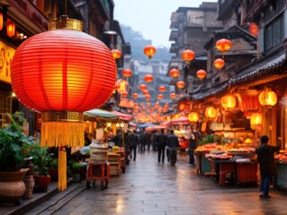 Obraz premium Vibrant Street Scene A Bustling Marketplace Overflowing with Cultural Performances, Delicious Food Stalls, and Festive Celebrations Reflecting Collective Wealth and Happiness A Vivid Tapestry of