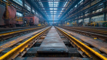 Obraz premium Industrial Railroad Tracks in a Large Factory