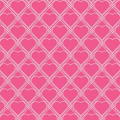 Geometric seamless pattern for Valentines Day with hearts on pink background. Valentines day holiday backdrop, romantic wedding design for packaging, wrapping, textiles, wallpaper. Vector illustration