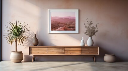 Rustic living room with a mock-up poster frame above a wooden dresser. The white wall and decor create a clean, natural ambiance.