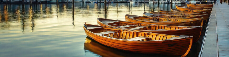 A serene waterfront scene with a row of traditional wooden boats resting peacefully at their moorings.