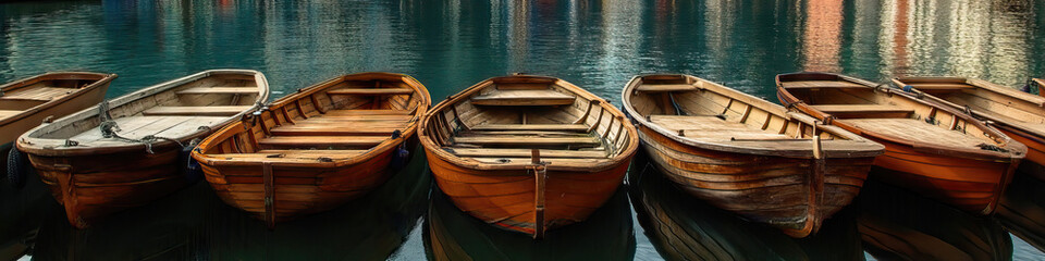 A serene waterfront scene with a row of traditional wooden boats resting peacefully at their moorings.