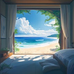 Ocean view from bedroom window, sunshine, beach, and tropical trees.