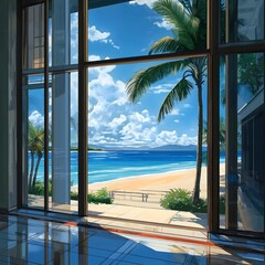 Idyllic beach view seen through large windows of a modern building.
