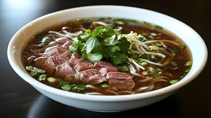 Bowl of Beef Noodle Soup with Cilantro and Bean Sprouts