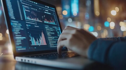 Person analyzing data graphs on a laptop at night
