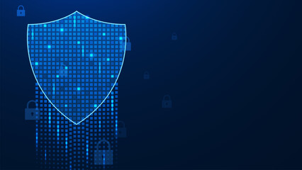 Futuristic shield with digital pixels and padlock. Computer network protection, cyber security system and personal data protection concept on dark blue background