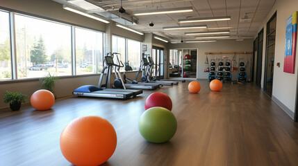 Core training area with stability balls, BOSU trainers, and resistance bands.