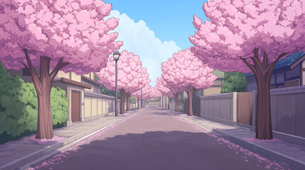 Charming Japanese Town Under Cherry Blossom Trees