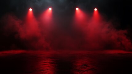  Free stage with lights and smoke, Empty stage with red spotlights, conser, show, party, Presentation concept. Red spotlight strike on black background 