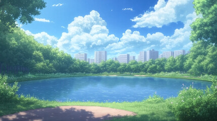 Obraz premium Serene Park Pond with Cityscape View