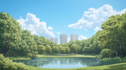 Serene Park Scene with City Buildings
