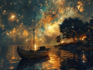 Magical surreal landscape depicting a serene boat floating on celestial waters, surrounded by a stunning starry sky filled with shimmering galaxies and the soft glow of a nearby cabin, creating an enc