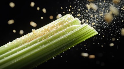 Flying Pale Green Celery Stalk: Crisp Texture and Intricate Fibers with Water Mist and Breadcrumb Particles on a Dramatic Black Background. Ultra High-Resolution Food Photography.