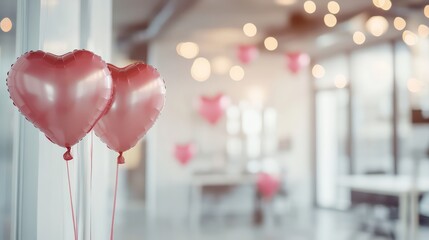 Pink balloons in office interior decorated for Valentine's Day, light blurry abstract background