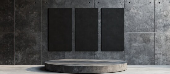 Modern Concrete Gallery Interior with Blank Canvases and Circular Pedestal