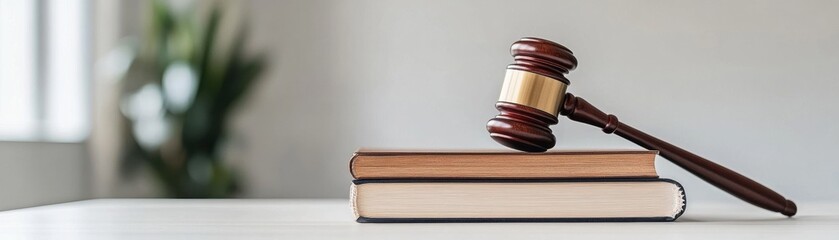 Obraz premium A wooden gavel rests on two stacked law books, symbolizing justice and legal authority in a minimalistic setting.