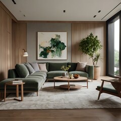 A luxurious modern living room with a minimalist design, featuring a comfortable gray sofa, a wooden coffee table, and a soft beige area rug. 