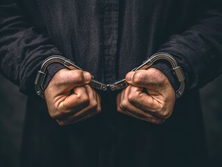 A close-up view of a person’s hands restrained by metal handcuffs, symbolizing law enforcement, arrest, and justice.