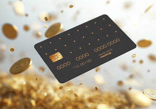 Bank Card Mockup with Flying Gold Coins &ndash; Realistic Banking and Finance Template for Payment Branding, Digital Wallet Design, or Financial Services Promotion