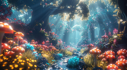 A mysterious forest, where luminous plants and peculiar creatures gather, abundant in colorful patterns.