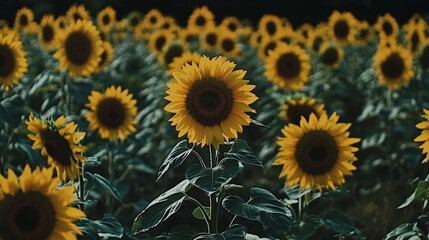vibrant field of sunflowers stretching towards horizon, showcasing their bright yellow petals and green leaves, creating cheerful and uplifting atmosphere