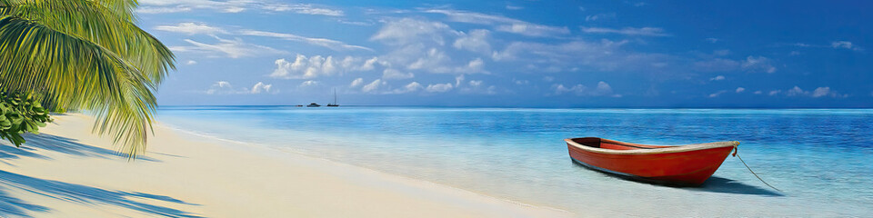 Obraz premium A secluded beach scene with a boat anchored in the distance.