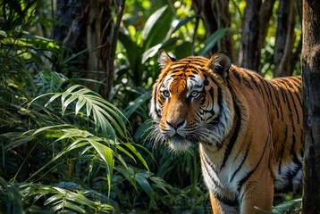 A stealthy tiger prowling through dense jungle foliage, with dappled sunlight breaking through the trees.