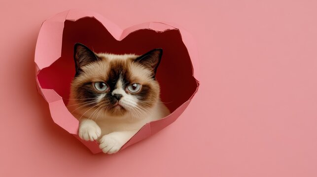 Cute cat peeks from heart-shaped cutout against a pink background showcasing playful and whimsical charm. Perfect gor Valentine's Day