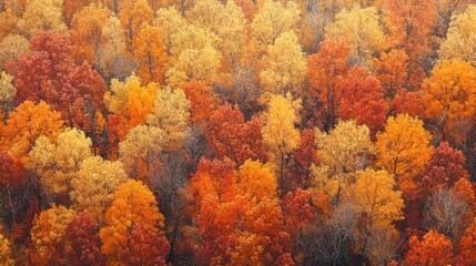 Vivid trees display a rich palette of orange, red, and yellow leaves, representing the beauty of autumn. This tranquil woodland scene offers a captivating view of nature's seasonal transformation.