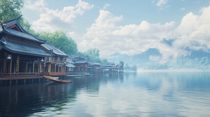Obraz premium Beautiful Painting of Asian Buildings Covered with Clouds