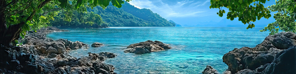 Obraz premium Oceanic Serenity: Calm blue waters lap against a rocky shore, framed by lush greenery.