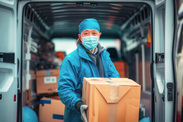 A courier, delivery worker wearing a protective mask and gloves handling a package from a van. Concept transporting medical supplies and equipment to hospitals and healthcare facilities.