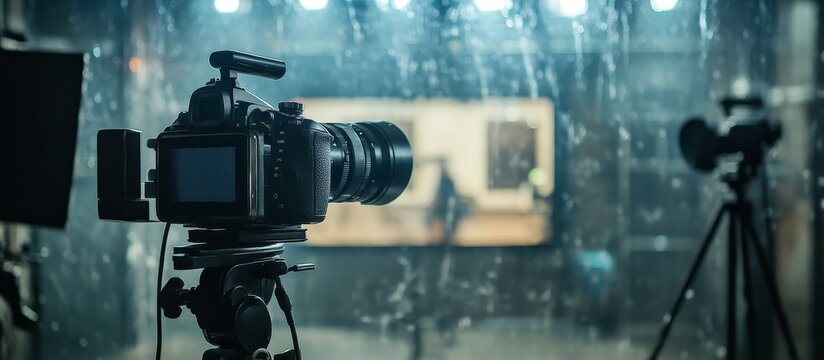 Professional Camera Filming Through a Glass Window