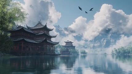 Obraz premium Beautiful Painting of Asian Buildings Covered with Clouds