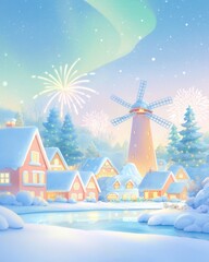 Naklejka premium Magical christmas town concept. Winter village in a wonderland, glowing aurora and soft fireworks in the sky, dreamlike celebration ambience