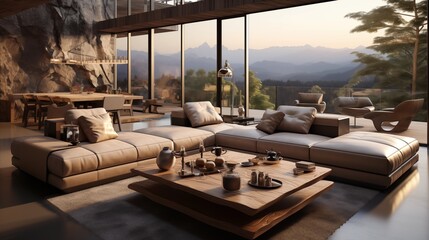 Fototapeta premium A bright and airy living room with modern furnishings and a minimalist design. A clean and comfortable space for relaxation.