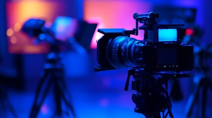 A professional video camera with a blurry background of a set